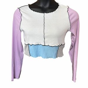 Shein Long Sleeve Patchwork Top Lettuce Hem Size L